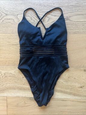 Black Ribbed One-Piece Swimsuit with Sheer Waistband